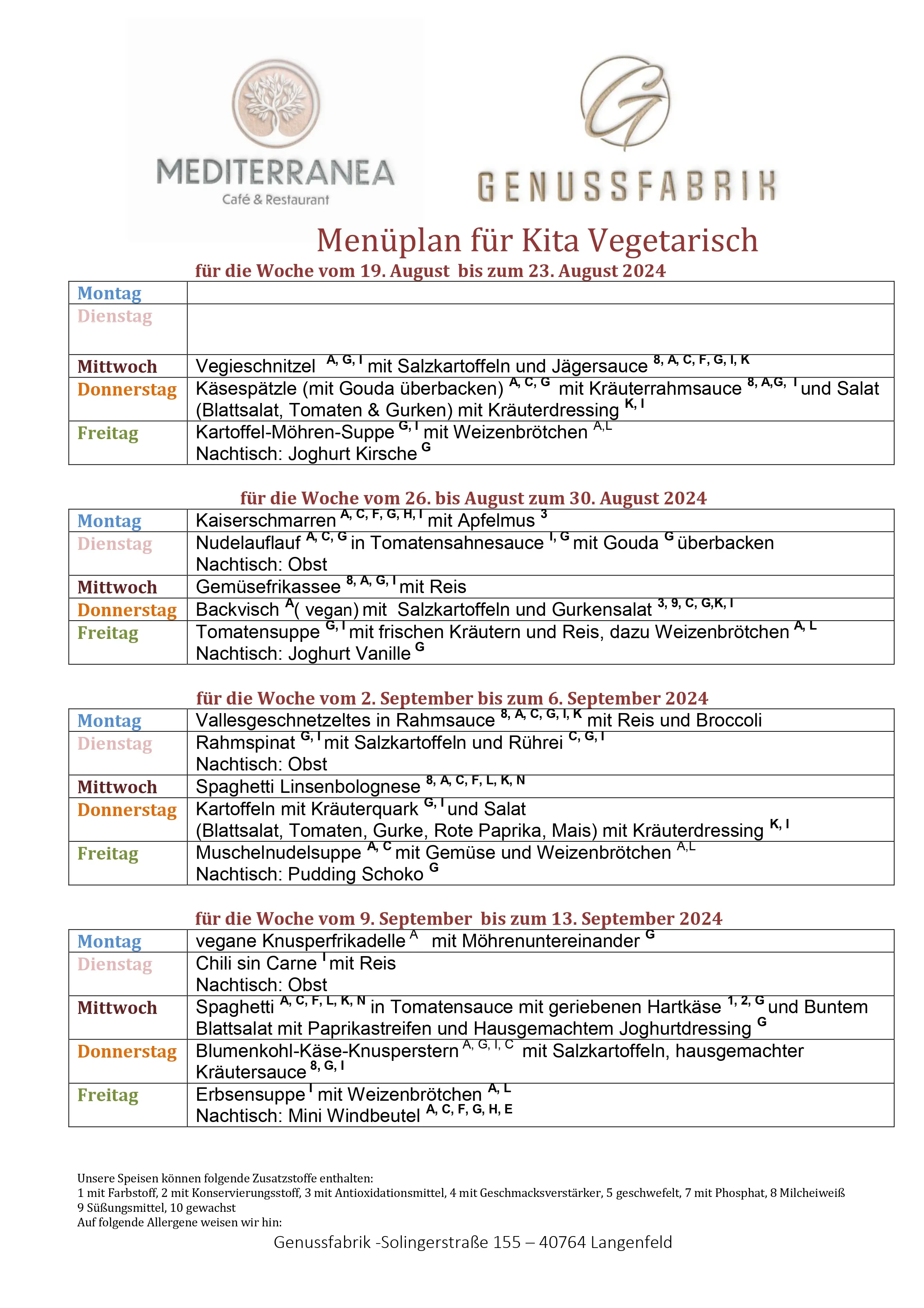 Mediterranea Café Restaurant, Menüplan für Schulen/ Kitas 