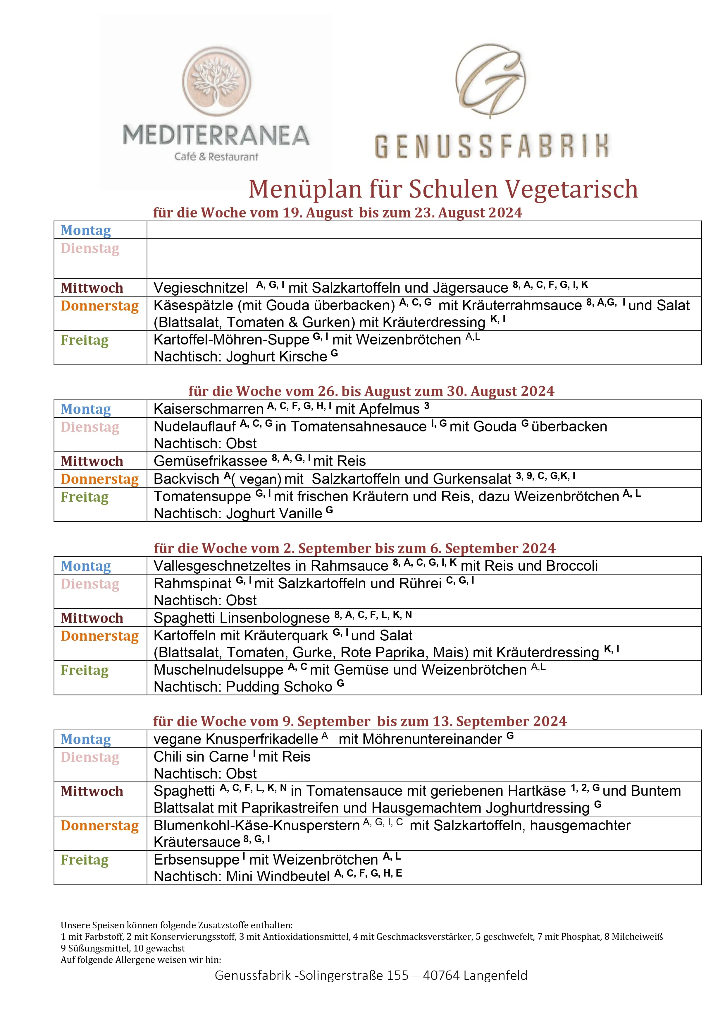 Mediterranea Café Restaurant, Menüplan für Schulen/ Kitas 